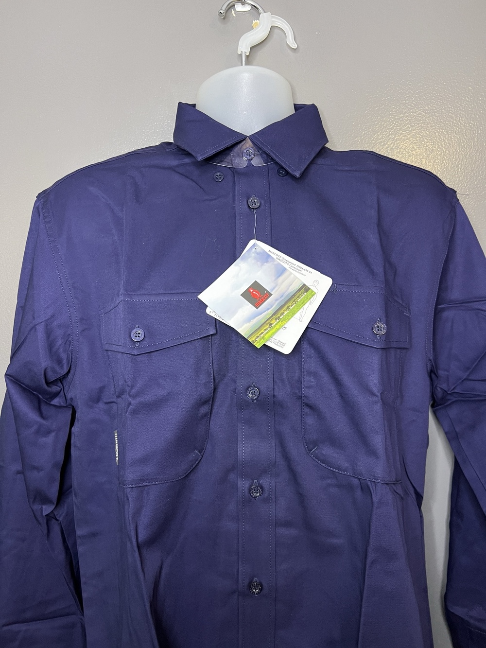 Mascot Greenwood Shirt Mens Large Blue Solid Long Sleeve Button Up Workwear